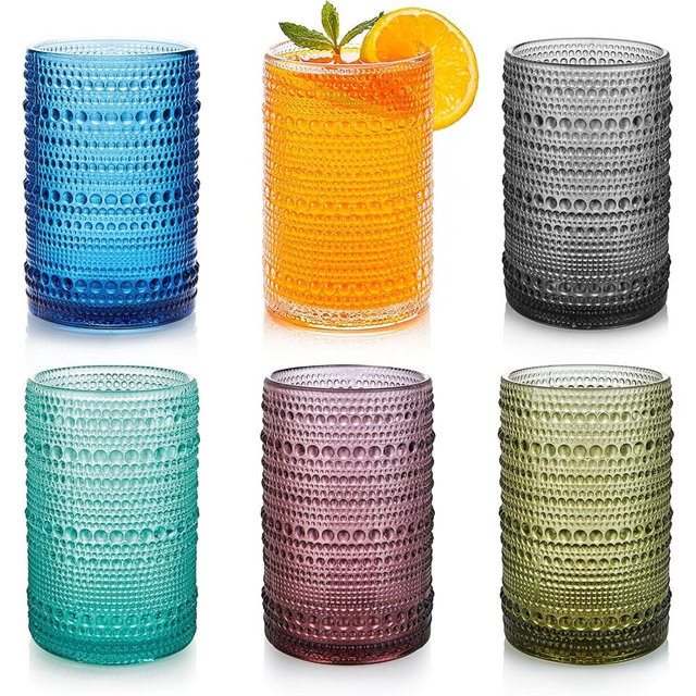 HomeVogue 15oz Colored Hobnail Drinking Glasses with Straws Set of 6, Vintage Glassware Old Fashioned Beverage Glasses, Cocktail Glass Set, Kitchen Water Glasses Cup, for Beer, Smoothie, Juice