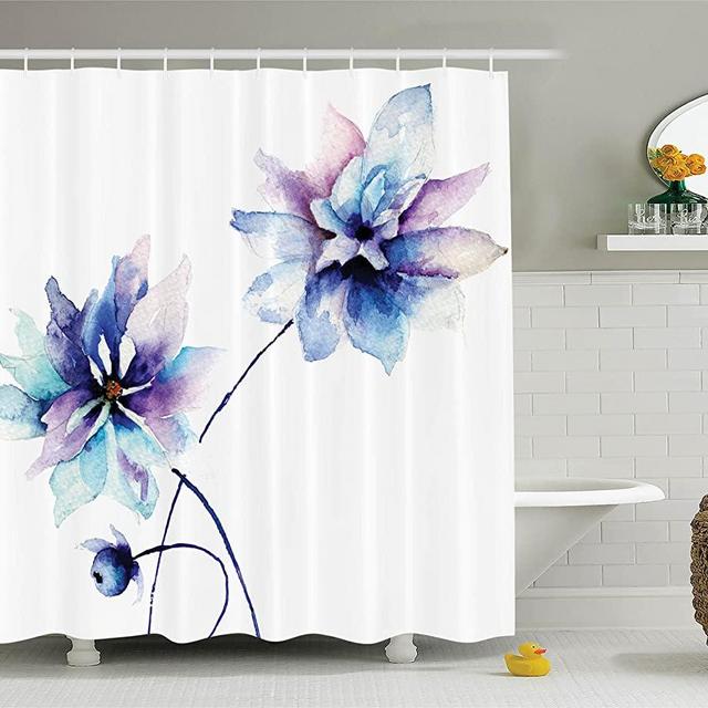 Ambesonne Watercolor Flower Shower Curtain, Flower Drawing with Soft Spring Colors Retro Style Floral Artwork, Cloth Fabric Bathroom Decor Set with Hooks, 70" Long, White Purple
