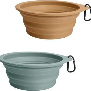 PetBonus 2-Pack Silicone Collapsible Dog Bowls, BPA Free Dishwasher Safe, Portable Foldable Expandable Travel Bowl, Food Water Feeding Cup Dish for Dogs Cats with 2 Carabiners (Turquoise, Tan)