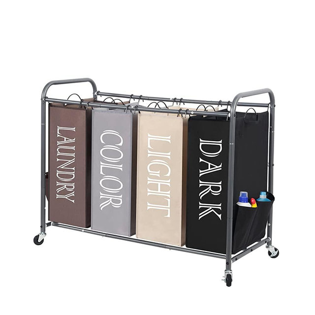 STORAGE MANIAC Laundry Sorter, Laundry Divider with Side Pockets, Multi Laundry Separator Hamper with Removable Bags and Rolling Lockable Wheels, Laundry Organizer Hamper, 4 Section Multicolored