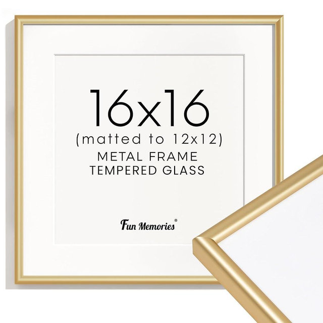 16x16 Picture Frame Gold, 16" x 16" Aluminum Frame with Mat for 12" x 12", 16x16 Square Metal Frame with Tempered Real Glass
