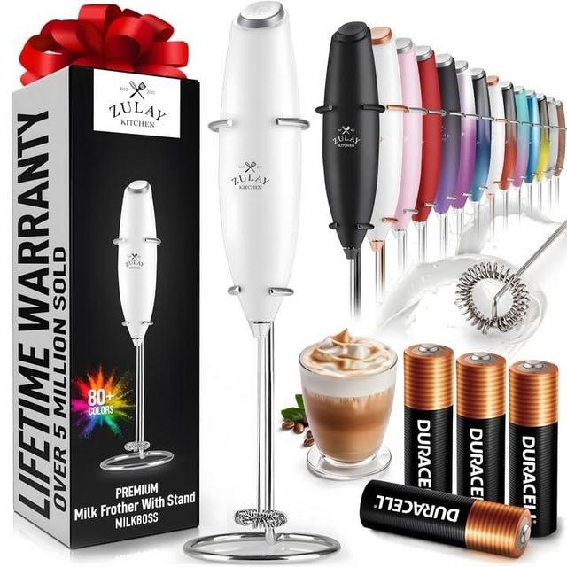 Zulay Powerful Milk Frother (4 Duracell Batteries Included) - Handheld Milk Frother Wand Drink Mixer for Coffee - Powerful Milk Foamer for Cappuccino, Frappe, Matcha & Creamer - White