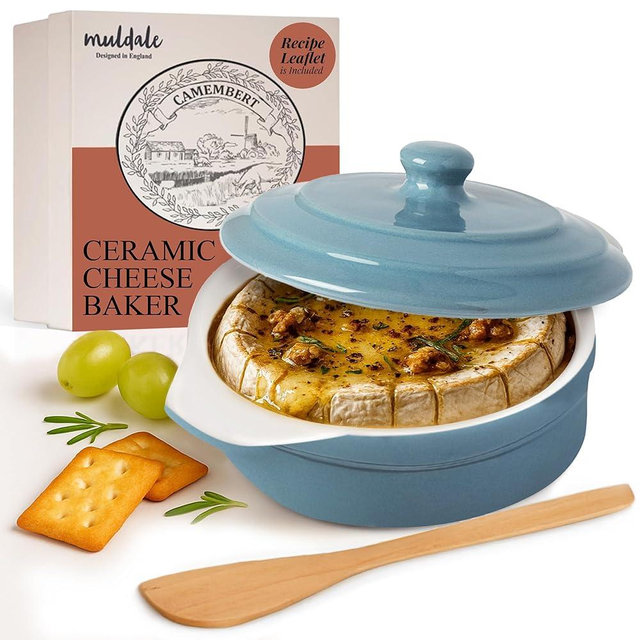 Muldale Brie Baker with Lid and Spreader - Camembert Baker Crock in Blue - Free from Lead Ceramic Baking Dish - 5.5” - Fits Standard Camembert Wheel