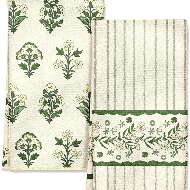Miss Adola 2pcs Microfiber Kitchen Towels - Boho Kitchen Towels Set of 2 with Hanging Loop Decorative Absorbent 18x26 Inch Hand Towel Botanical Design Dish Cloth for Housewarming Gift, French Country