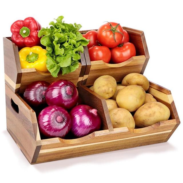 Happilif Acacia Wood Pantry Storage Bins, Stackable Potato and Onion Storage Bins for Kitchen Countertop, Set of 3 Wooden Pantry Organizer Baskets for Fruit, Vegetable, Snack