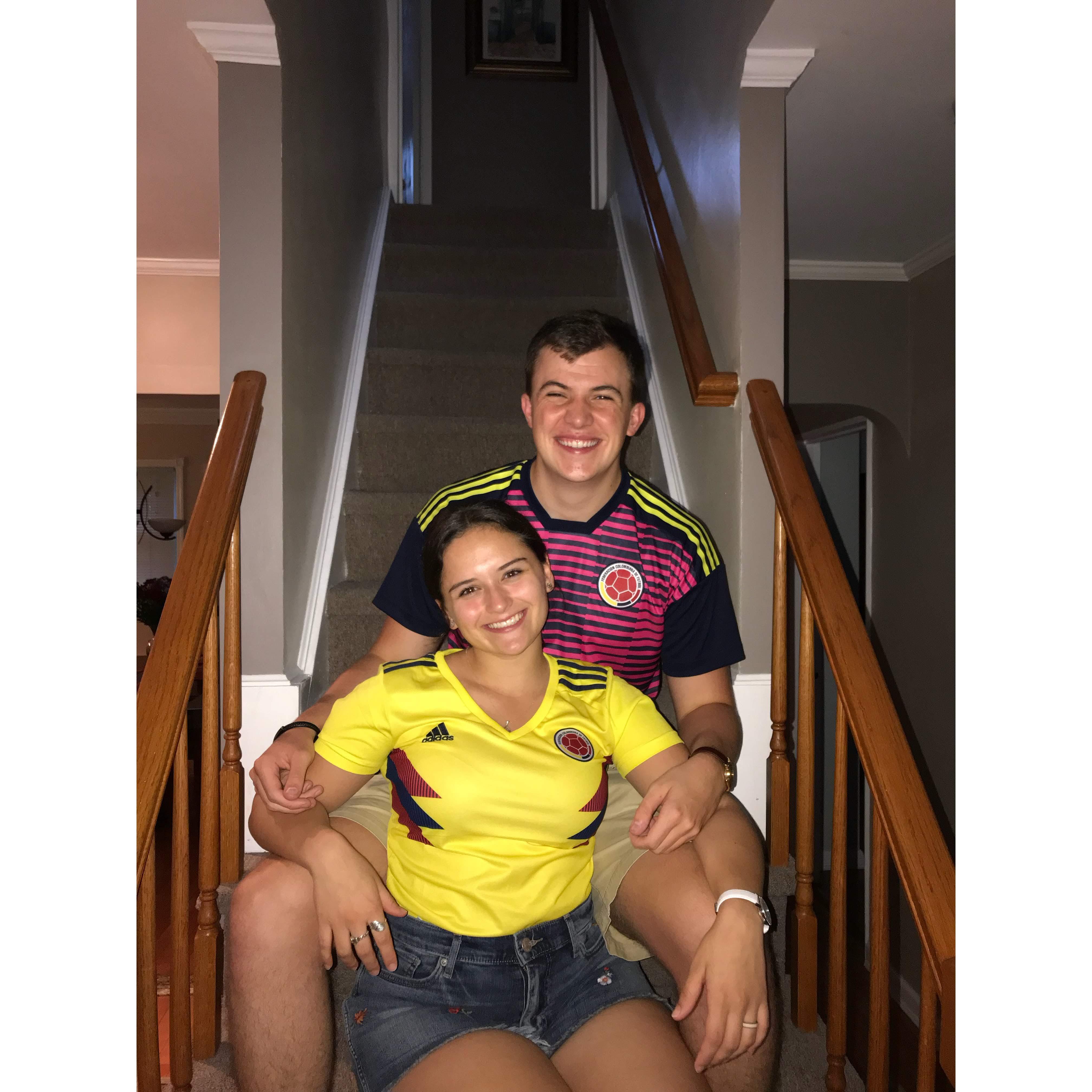 James and Juliana rooting for Colombia during the World Cup... As if James had a choice!