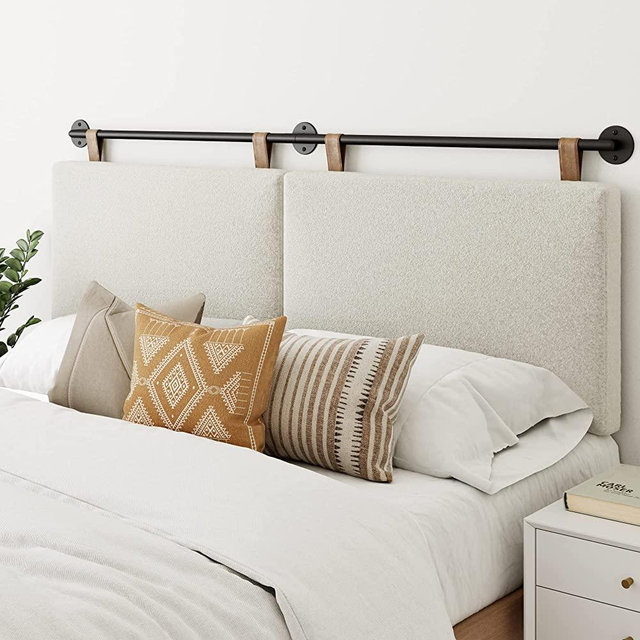 Nathan James Charlie King Size Wall Mount Upholstered Padded Headboard, Adjustable Height Brown Leather Straps Matte Metal Rail, White/Black