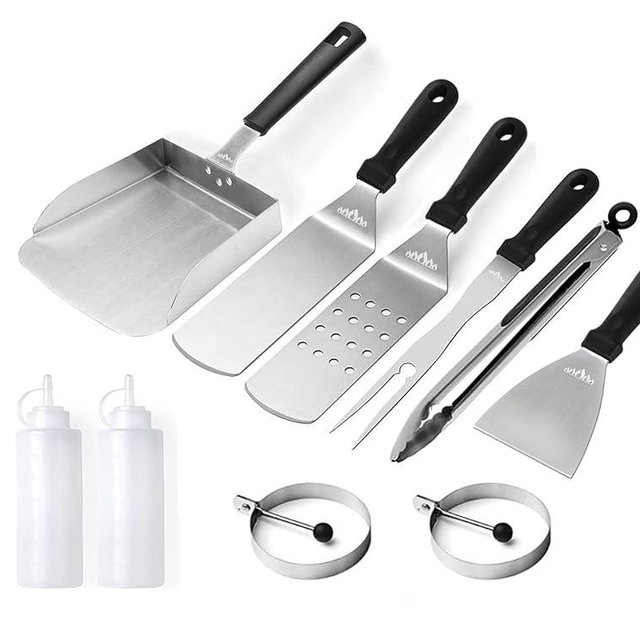 Griddle Accessories Kit for Blackstone, Camp Chef, Weber and Other Flat Top Grill, 10 Pieces BBQ Accessories, Includes Spatula Set, Wide Scooper, Squeeze Bottle & Egg Ring