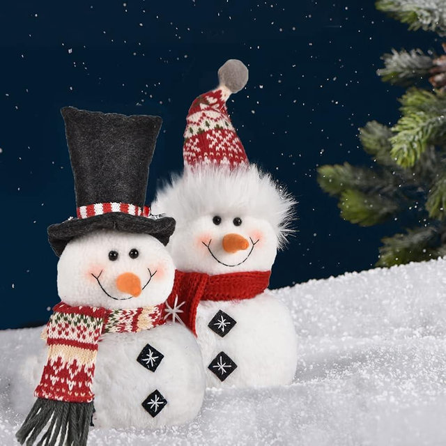 WORLDECO 1 Pair Christmas Snowman 2025 Indoor Decorations, Xmas Animated Plush-Knit Collectible Plush Doll, Adjustable Red Bowler Pointed Hat, Home Holiday Ornaments 2 pcs 9.4 inch