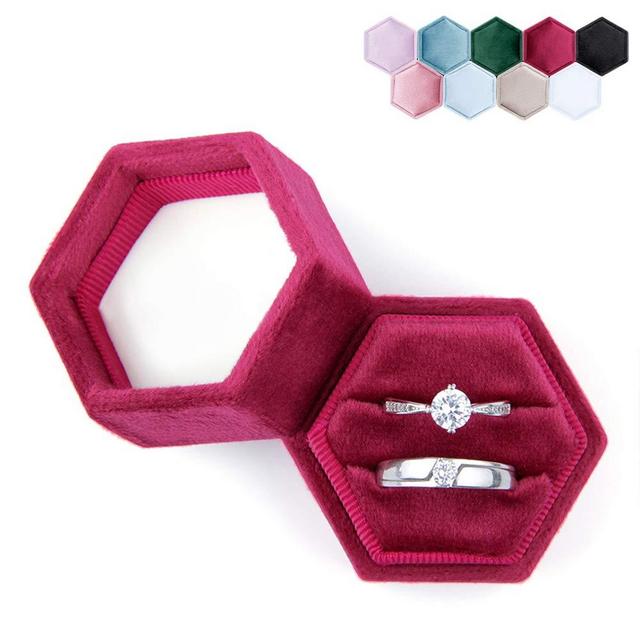 DesignSter Hexagon Velvet Ring Bearer Box - Premium Gorgeous Vintage Double Ring Display Holder with Detachable Lid for Proposal, Engagement, Wedding, Ceremony (Red)