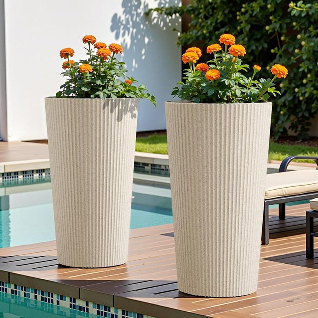 Diyfire 23.6" H Tall Planters for Outdoor Plants Set of 2 - Fluted Large Outdoor Planters for Front Porch Decor with Drainage Hole, Plastic Round Flower Pots Fits Indoor Plants Patio/Garden, Beige