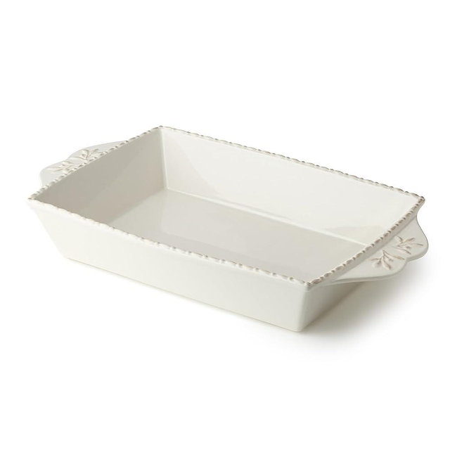 Heritage Rectangular Baker 16" x 10.25" 144oz – Ivory Stoneware Baking Dish with Embossed Leaf Handles & Beaded Rim – Farmhouse Oven-to-Table Serveware for Casseroles, Lasagna, Roasts