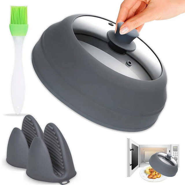 Collapsible Microwave Cover - Large 10.8" Tempered Glass & Silicone Lid, Heat Resistant, Splatter Guard with Easy-Grip Handle - Grey