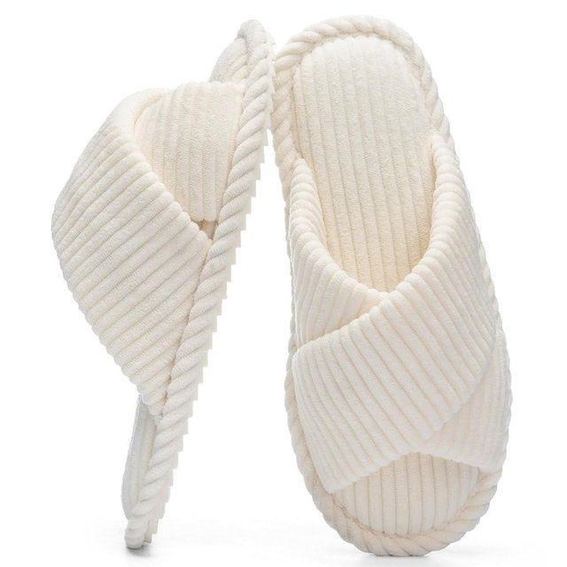 GOEWY Slippers for Women Memory Foam House Bedroom Corduroy Crossbands Open Toe Slides Sandals Shoes Comfy Trendy Gift for womens Anti-Skid sole