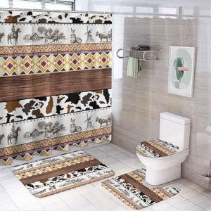 Rustic Western Cowboy 4 Pcs Waterproof Shower Curtain Set,Vintage Farm Floral Windmill Cowhide Skin Print with Waterproof Toilet Cover Shower Mat Rugs