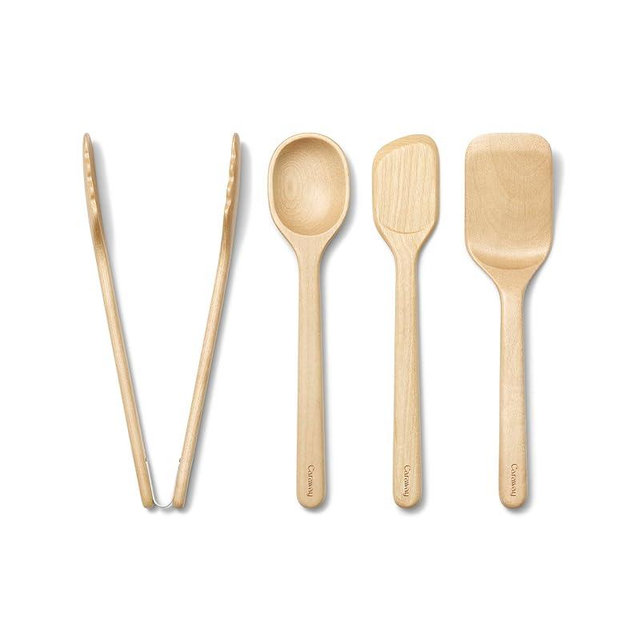 Caraway 4-Piece Mini Wooden Kitchen Utensils Set for Cooking, Serving, and Plating - Includes Mini Spoon, Scraper, Spatula, and Tongs