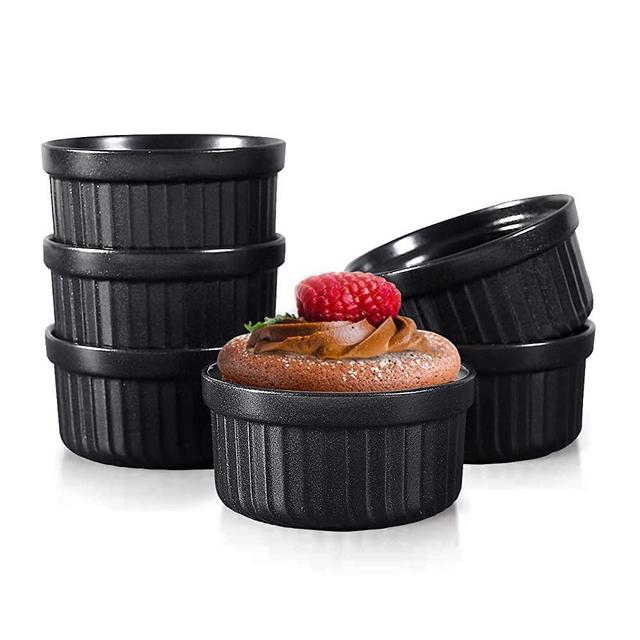 Yachi Black Souffle Ramekins: 4oz 6 Pieces Ceramic Baking Ramekin Set Oven Safe Stoneware Bakeware Serving for Sauces Dipping | Onion Soup | Lava Cake | Flan | Creme Brulee | Pudding | Mini Custard