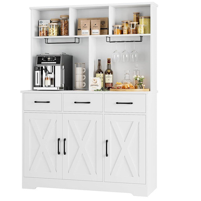 HOSTACK Buffet Cabinet with Hutch, Modern Farmhouse Kitchen Buffet Sideboard Storage Cabinet with 3 Drawers, Barn Door Coffee Bar Station, Liquor Cabinet for Dining Room, Living Room, White