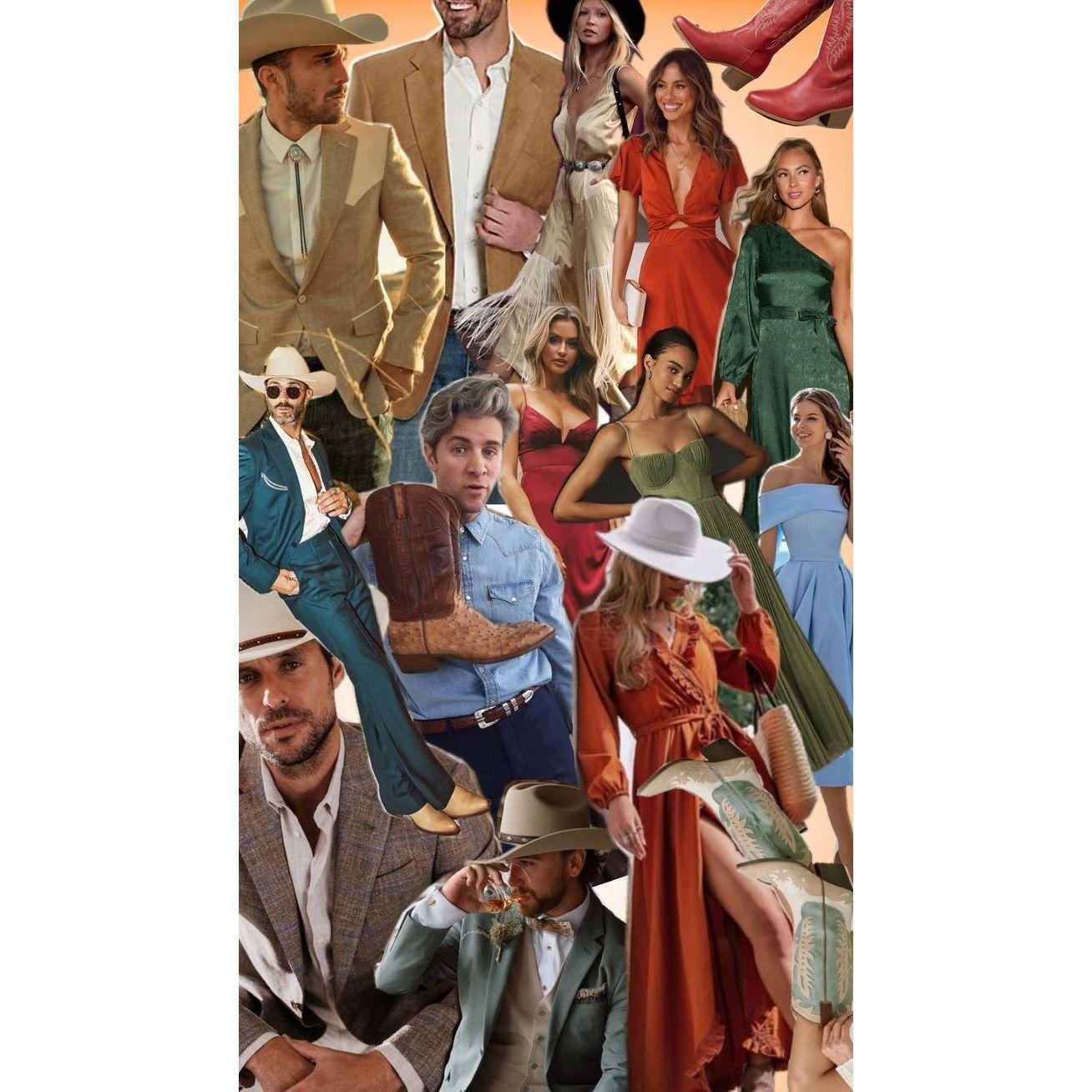 Wedding attire inspiration! We like to say Country Chic, but really it's just nice fabrics with a little country flare. Formal jeans are OK and hats are optional, but please get yourselves some boots!