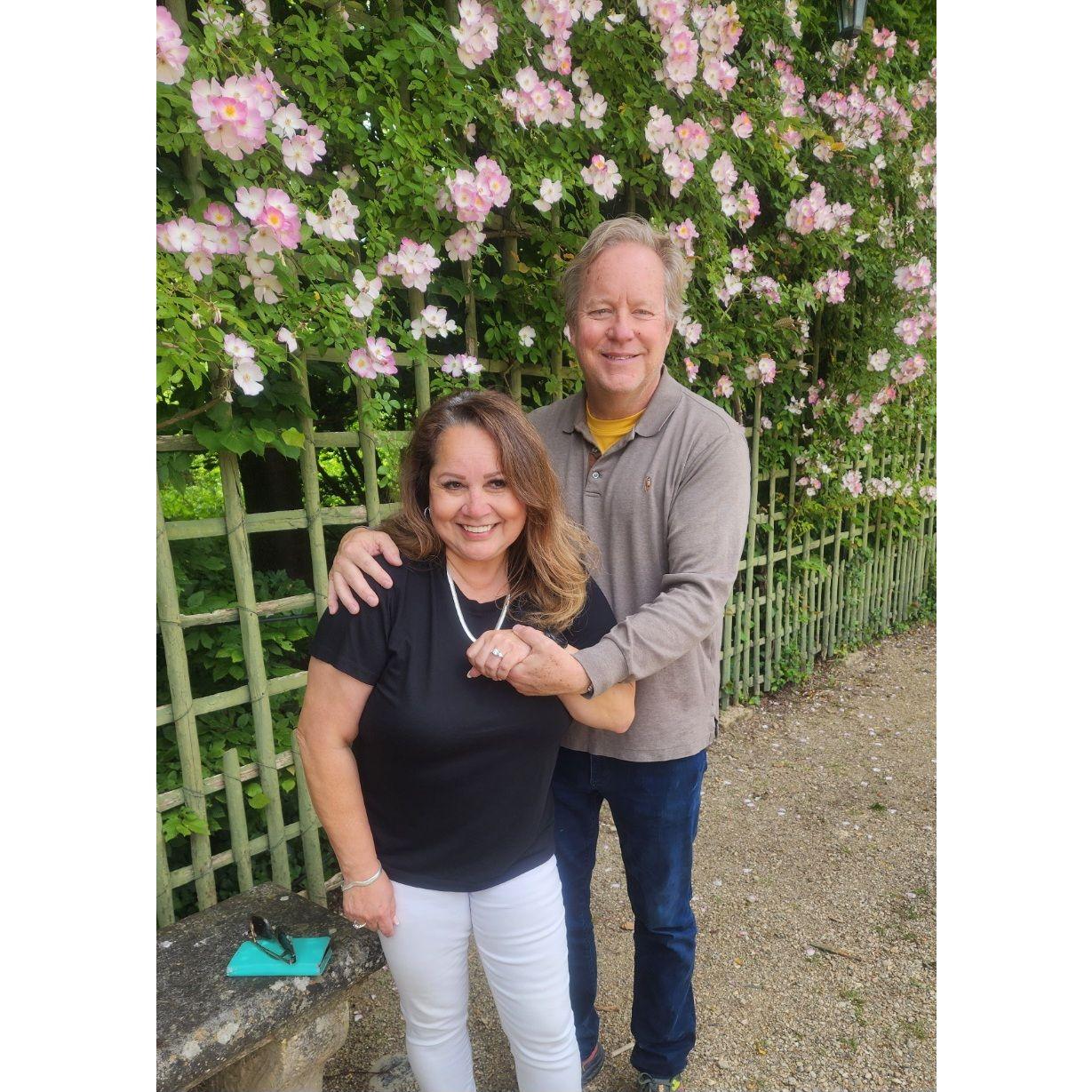 Engagement day in the garden at the Palace of Versailles in Paris, France