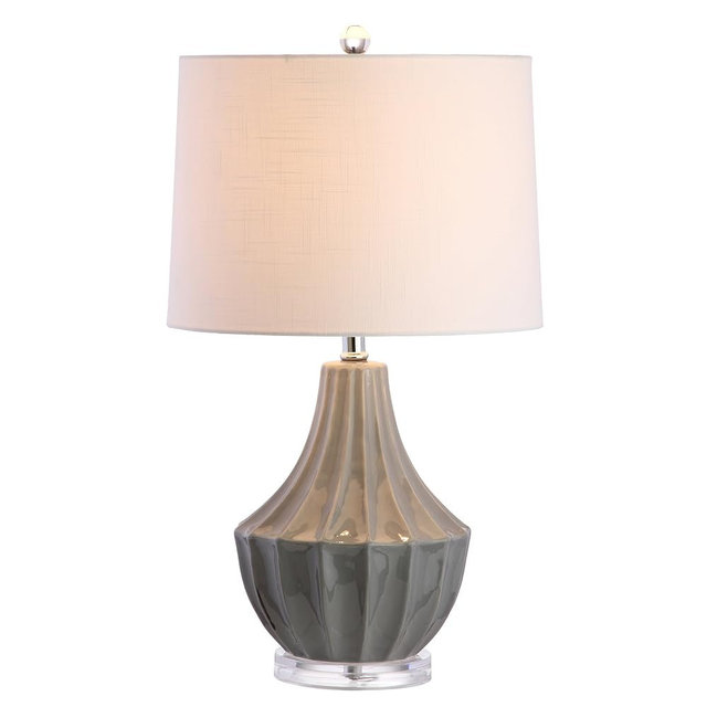 JONATHAN Y 24.5" Gray Ceramic Table Lamp for Bedroom, Modern Bedside Desk Lamp, White Linen Drum Shade, Fluted Gourd for Living Room, LED Bulb Included (JYL8018B)