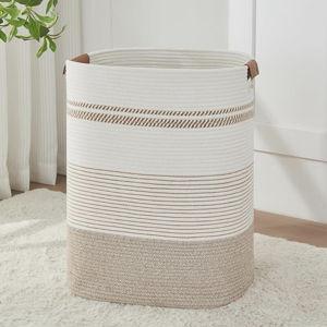 Laundry Basket with Handles - Blanket Basket & Hampers for Bedroom Aesthetic, Laundry Hamper & Blanket Storage for Living Room, Clothes Hamper, Tall, Large 17" x 14" x 22”, Light Brown & White
