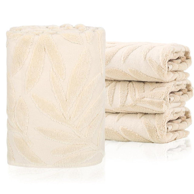 CODOHI Hand Towels Set of 3 Leaf Pattern 100% Cotton Absorbent Soft Decorative Towel for Bathroom Kitchen Home Hotel Beach, 29.1 x 13.4 Inch (3 Beige)