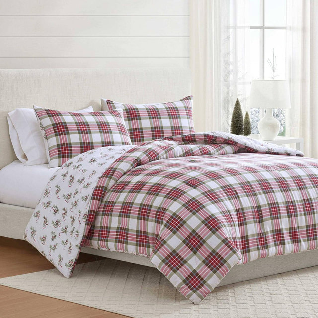 Martha Stewart 3pc Full/Queen Yuletide Spruce Plaid/Holiday Ribbons Comforter Bedding Set Red