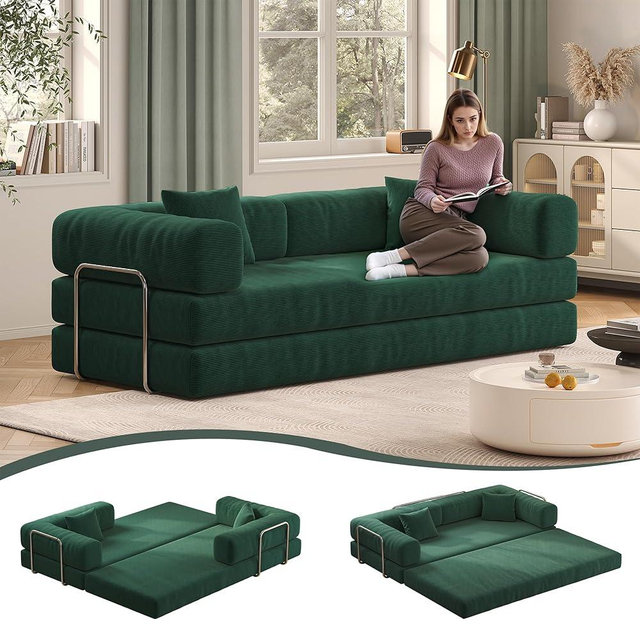 Carzzi-Life 79" Convertible Sofa Bed with Pillows, Corduroy Folding Sleeper Sofa with Fixed-Shape Frame, Boneless Couch for Living Room Bedroom, Floor Sofa Lounge No Assembly Required (Green)
