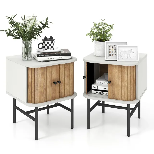 Tangkula Set of 2 Nightstand Compact Modern End Side Table w/ Sliding Doors