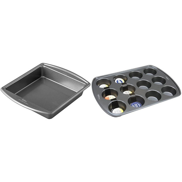 Wilton Advance Select Premium Non-Stick Square Cake Pan, 9 x 9-Inch, Steel, Silver & Perfect Results Premium Non-Stick Bakeware Cupcake Pan, 12-Cup, Steel