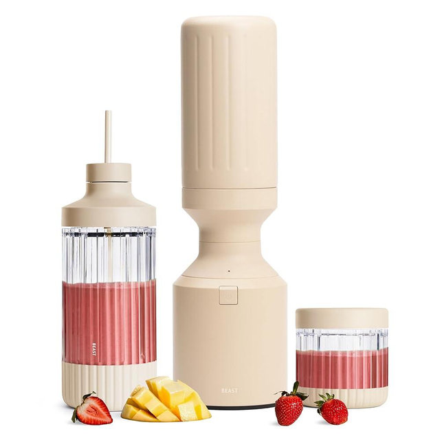 Beast Mega 1200 Stainless Steel | Premium Countertop Blender | Smoothies, Shakes, Sauces, Dips | Lg Servings | Blends Ice + Frozen Fruit | Double-Wall Insulation | Extra Vessels | 1200W (Sand)