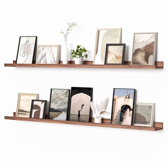 Heimlove Picture Ledge Shelf, Floating Shelves Set of 2, 56 Inches Picture Shelf for Wall with Ledge, Kids Bookshelf Wall Mounted for Living Room Bedroom Decor Books Photo Frames, Walnut