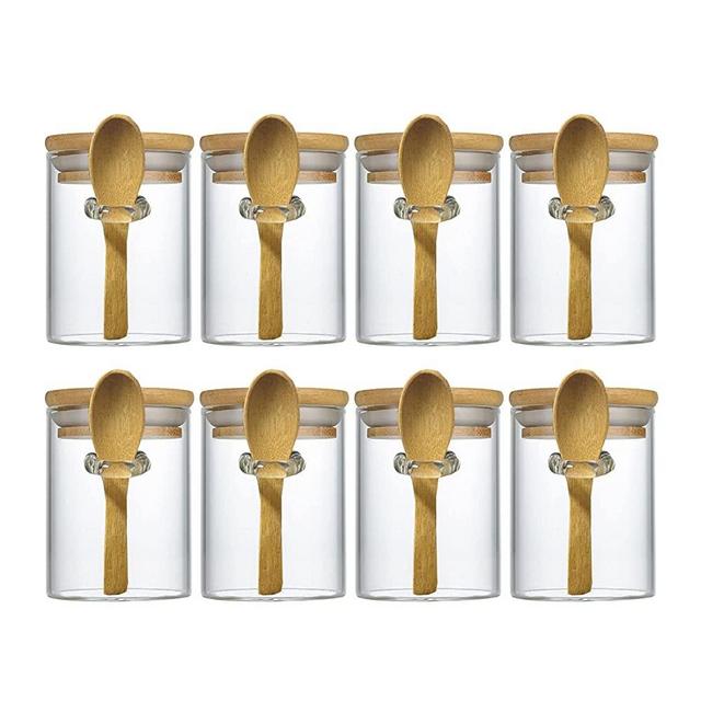 Livejun 8 oz Airtight Mini Glass Jars with Bamboo Lids and Bamboo Spoons , Spice Jars Small Food Storage Containers for Kitchen, Bathroom, Home Decor Set of 8