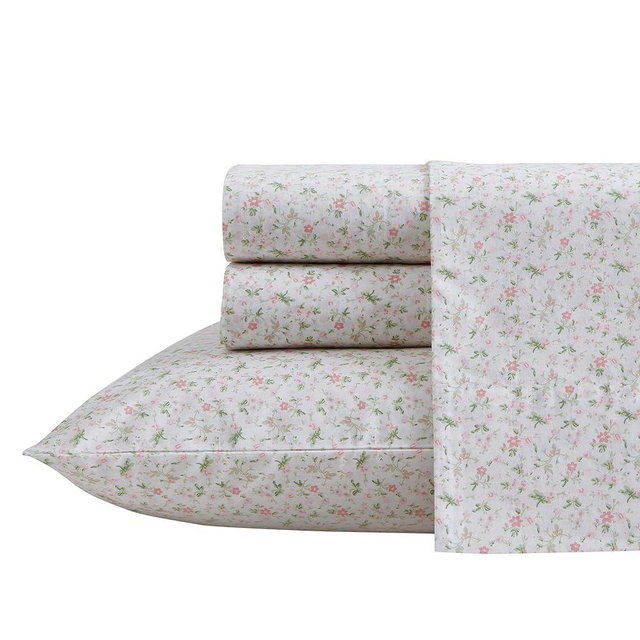 Laura Ashley - Queen Bed Sheets, Cotton Percale Bedding Set, Lightweight & Breathable, Dorm Essentials (Evie Pink, Queen)