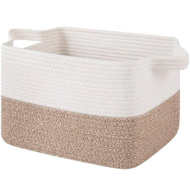 OIAHOMY Woven Storage Basket for Shelves, Rectangle Cotton Rope Baskets for Organizing, 13 x 10 x 9 in, Storage Bins for Dog Toys,Towel,Books,Gift,Brown and White