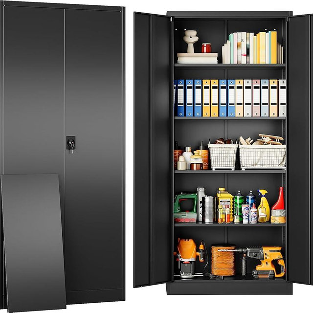 SISESOL Metal Storage Cabinet with 2 Doors and 5 Shelves,71" Lockable Garage Storage Cabinet,Black Metal Cabinets with Lock,Locking Steel Cabinets for Home,Office,Garage,Shop,School