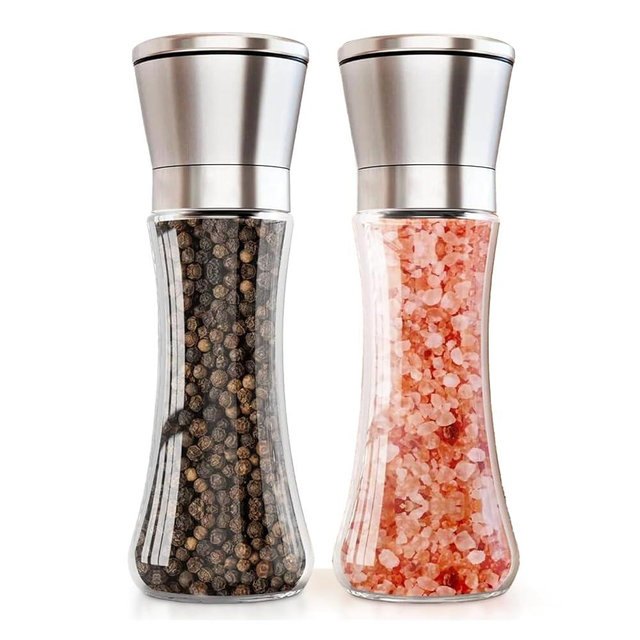 Pepper and Salt Grinder Set of 2, Refillable Stainless Steel Mill with Adjustable Coarseness, Glass Body Spice Grinder for Pepper, Sea Salt, and Other Whole Spices - Ship from Local Warehouse