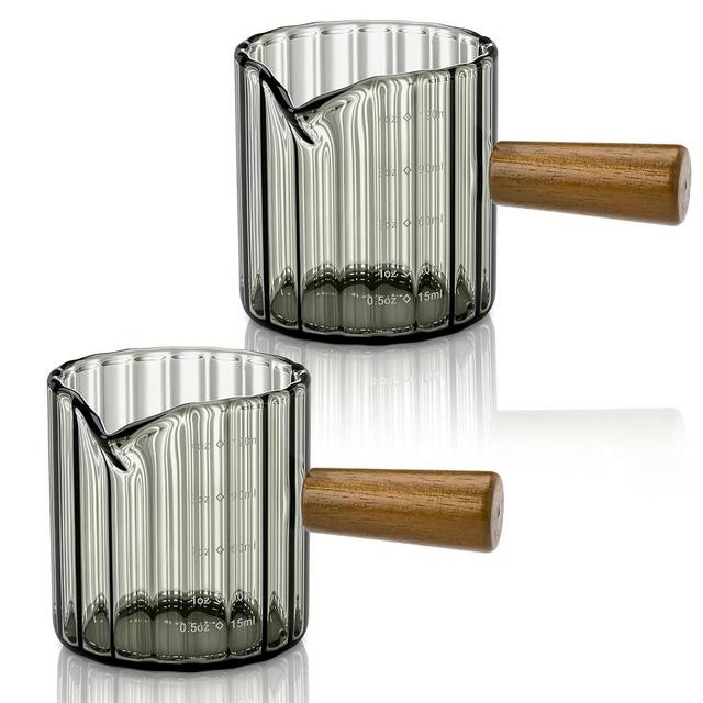2 Pack Espresso Measuring Cups, 4oz Borosilicate Glass Espresso Shot Glasses with Wood Handle, V-Shaped Spout Ribbed Milk Frothing Cup, Measuring Cup for Coffee, Latte, Cappuccino, Tea, Syrup