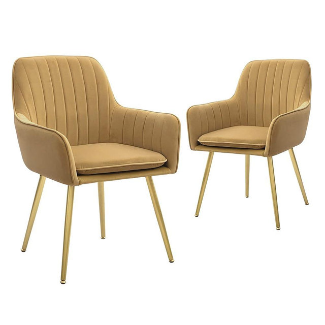 CangLong Furniture Modern Living Dining Room Accent Arm Chairs Club Guest Metal, Set of 2, Brown+Gold Legs