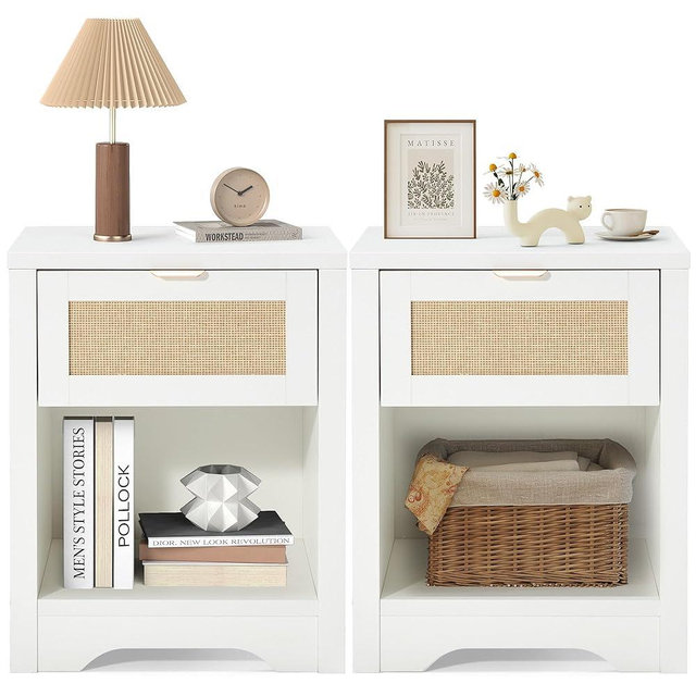 HOMREST Night Stand Set of 2,Modern Farmhouse Nightstands with Drawer & Open Storage Shelf, Wood Rattan Bedside Table with Metal Handle & Sturdy FrameTable for Bedroom, Living Room （White）