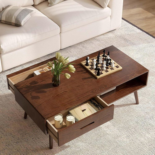 Wayshome 100% Solid Oak Wood Coffee Table for Living Room, Coffee Table with Storage Shelf and 2 Drawers, Mid-Century Modern Coffee Tables for Home (Oak Walnut Colour, 39.37'' W)