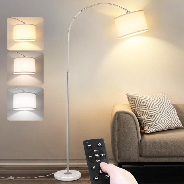Arc Floor Lamp with Remote, Modern Standing Lamp for Living Room with Stepless Dimmable Bulb, Drum Shade, Foot Switch, Tall Floor Lamp for Farmhouse Bedroom Night Stand (Sliver)