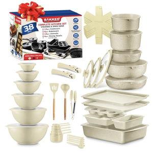 Bakken Master 38 Piece Granite Cookware and Bakeware Set – Nonstick Granite Coating, Pots and Pans with Detachable Handles and Tempered Glass Lids, 6-piece Bakeware set, 12-piece Mixing Bowls, White