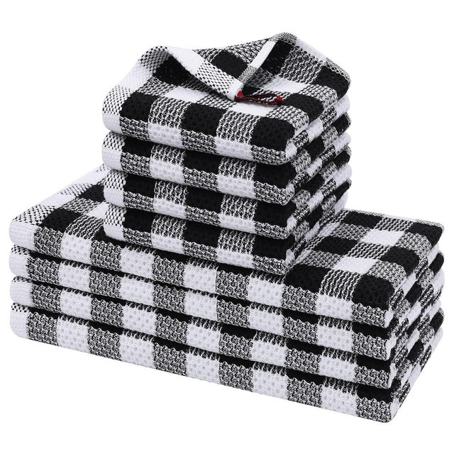 homing Buffalo Plaid Kitchen Towels and Dishcloths Set, 12" x 12" and 13" x 28", Set of 8 Bulk Cotton Waffle Weave Dish Towels, Super Soft Absorbent Hand Towels for Kitchen, Black & White