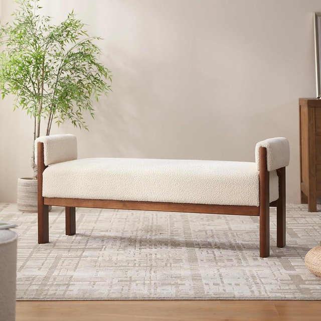 VKNOW End of Bed Bench, 51.8” Upholstered Bedroom Bench Indoor Bench with Solid Wood Frame, Modern Entryway Bench with Arms for Bedroom Living Room, Beige