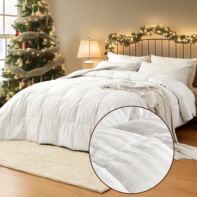 puredown Goose Feather Down Comforter Full/Queen Size - All Season Duvet Insert, Ultra Fluffy Soft 100% Cotton Shell Cover Luxurious Hotel Collection Comforters, with Ties, (Stripe White, 90x90'')