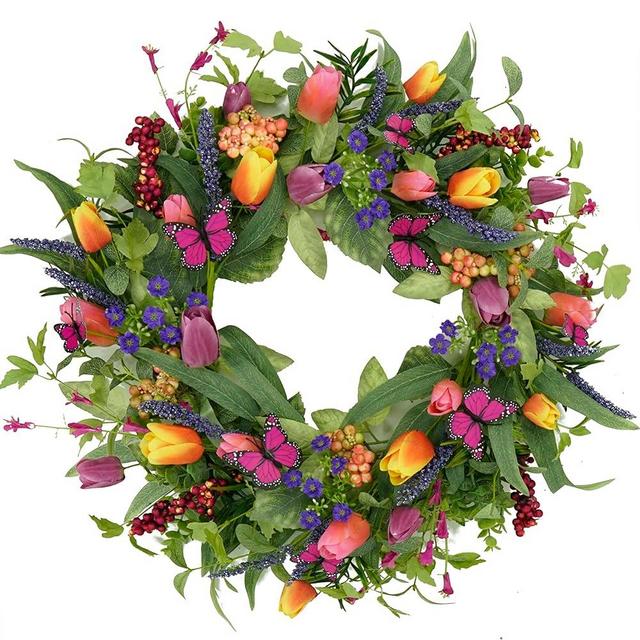 WreathDream Spring Summer Wreath Tulip Wreath for Front Door with Purple Tassels, Eucalyptus Leaves, Ferns, Butterflies for Indoor Outdoor Wall Festival Home Farmhouse Wedding Decor
