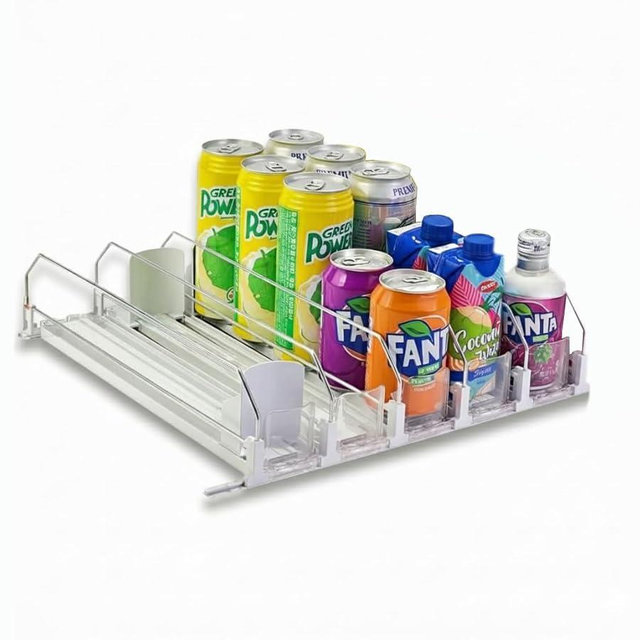Deviory - Soda Can Organizer with Automatic Can Pusher | Refrigerator Drink Organizer | Beverage Dispenser for Soda, Cans and Bottles | Space-Saving | Stainless Steel | Adjustable Sizes (5 Rows)