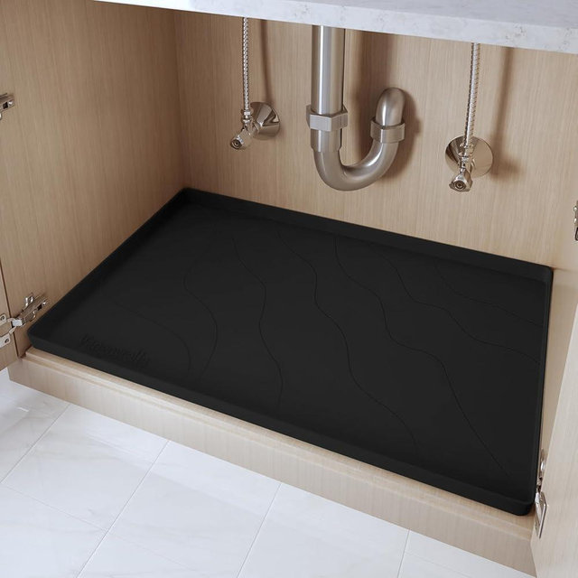 Vangostella Premium Under Sink Mats for Kitchen Waterproof 34" x 22", Extra Thick Non-Slip Silicone Under Sink Liner Drip Tray, Raised Edge Under Sink Cabinet Mat ,Prevent Drips, Leaks, Spills,Black